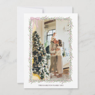 Pink Bow Garland with Message Christmas Photo  Holiday Card