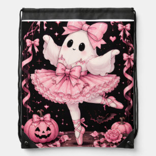 Pink Bow Ghost Ballerina Coquette Halloween Drawstring Bag