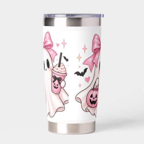 Pink Bow Ghost Coquette Halloween Insulated Tumbler