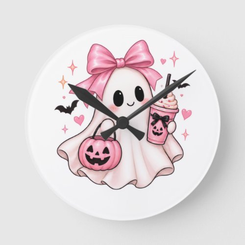 Pink Bow Ghost Coquette Halloween Round Clock