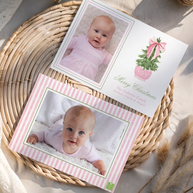 Pink Bow Ginger Jar Christmas Tree Photo Holiday Card (Creator Uploaded)