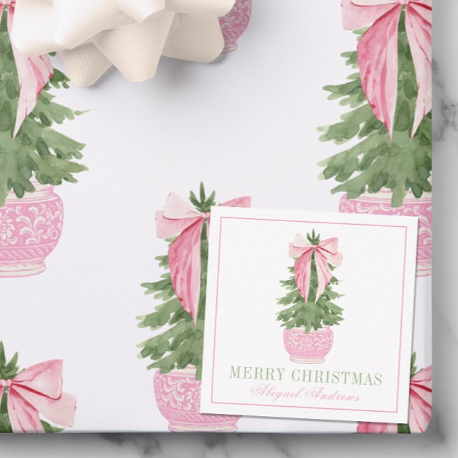 Pink Bow Ginger Jar Christmas Tree Photo Note Card (Creator Uploaded)