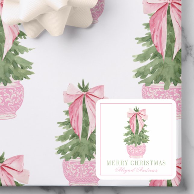 Pink Bow Ginger Jar Christmas Tree Photo Square Sticker (Creator Uploaded)
