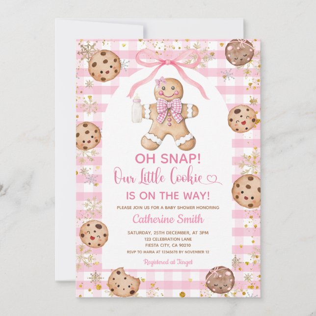 Pink Bow Gingerbread Christmas Baby Shower Gingham Invitation (Front)