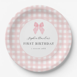 Pink Bow Gingham 1st Birthday Paper Plates