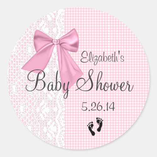 Pink Bow Gingham and Lace Baby Shower Favor Classic Round Sticker