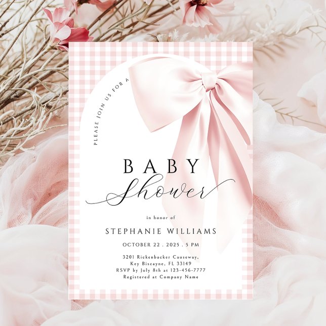 Pink Bow Gingham Arch Baby Shower Invitation (Creator Uploaded)