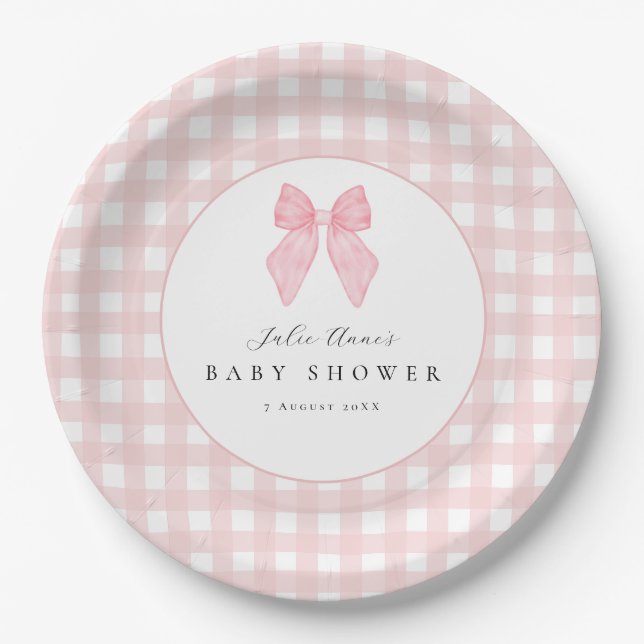 Pink Bow Gingham Baby Shower Paper Plates (Front)