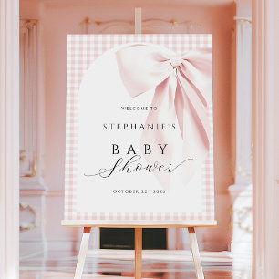 Pink Bow Gingham Baby Shower Welcome Sign
