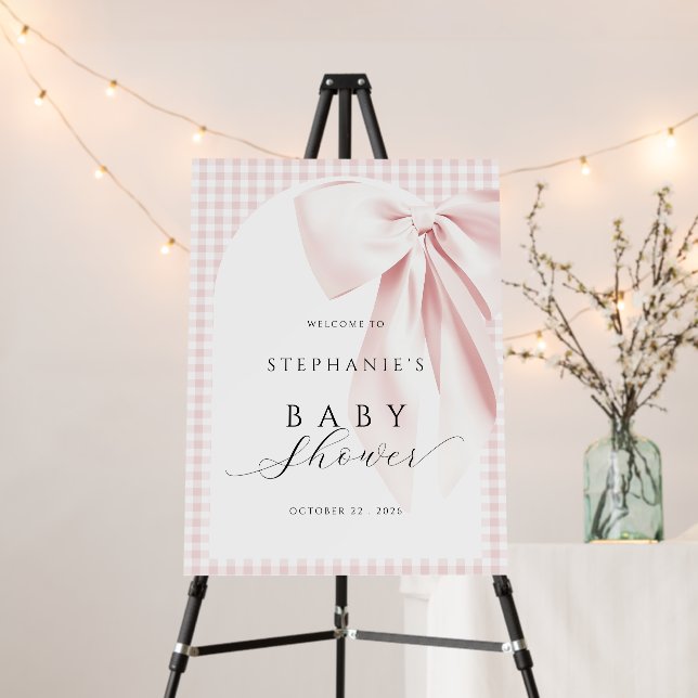 Pink Bow Gingham Baby Shower Welcome Sign (In Situ (Stand))