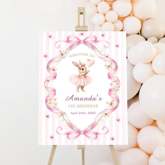 Pink Bow Gingham Bunny 1st Birthday Welcome Foam Board (Creator Uploaded)