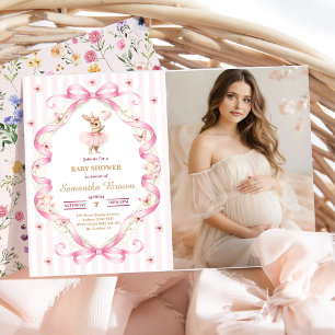  Pink Bow Gingham Bunny Baby Shower  Invitation