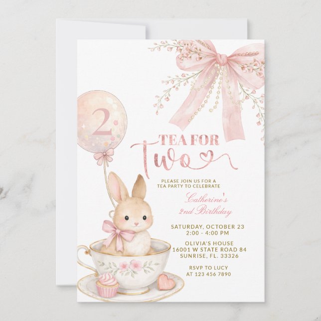 Pink Bow Gingham Bunny Girl Birthday Invitation (Front)