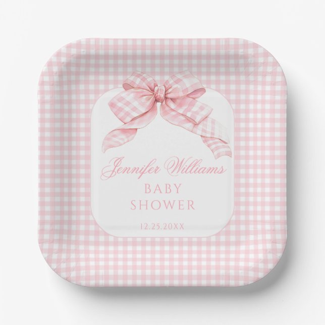 Pink Bow Gingham Coquette Baby Girl Shower Paper Plates (Front)