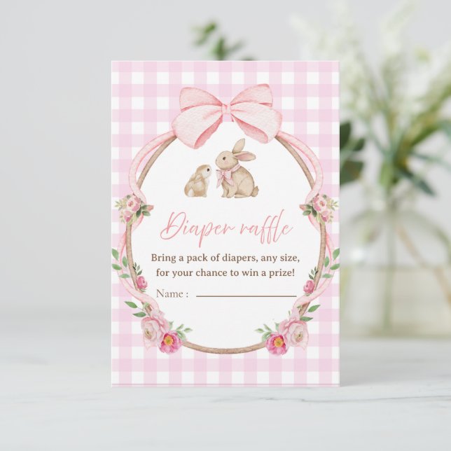 Pink Bow Gingham Diaper Raffle Enclosure Card  (Standing Front)