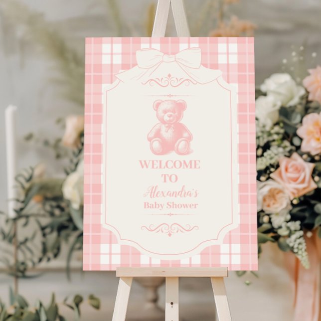 Pink Bow Gingham French Teddy Baby Shower Foam Board (Creator Uploaded)