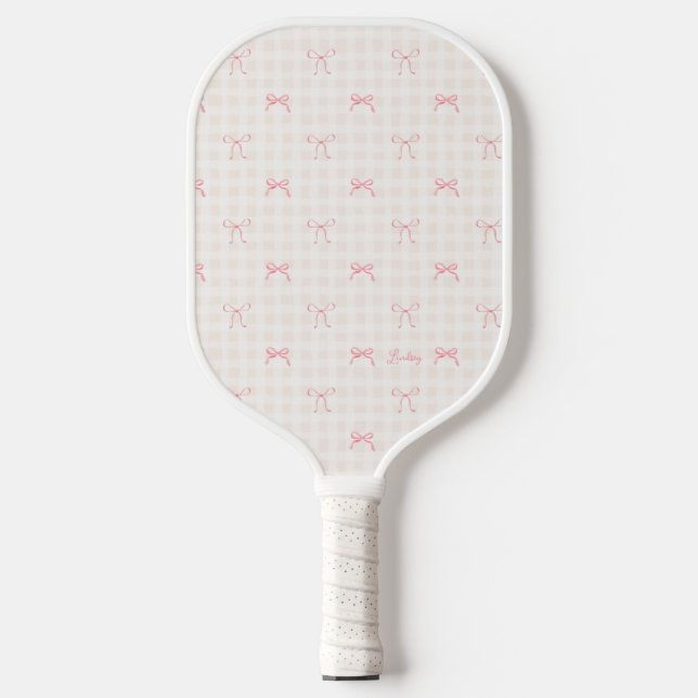 Pink Bow Gingham Personalized Name Pickleball Paddle (Front)