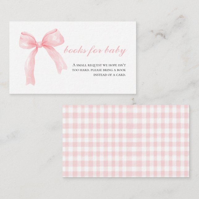 Pink bow gingham preppy baby shower books for baby enclosure card (Front/Back)