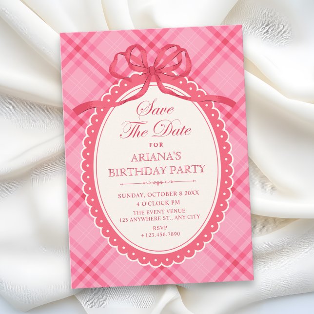 Pink bow gingham  save the date (Creator Uploaded)