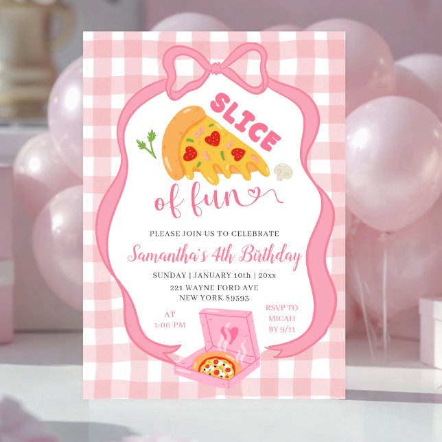 Pink Bow Gingham Slice of Fun pizza birthday  Invitation (Creator Uploaded)