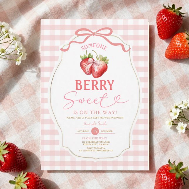  Pink Bow Gingham Strawberry Baby Shower Invitation (Creator Uploaded)