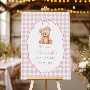 Pink Bow Gingham Teddy Bear Baby Shower Foam Board
