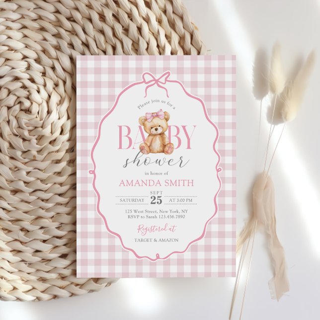 Pink Bow Gingham Teddy Bear Baby Shower Invitation (Creator Uploaded)