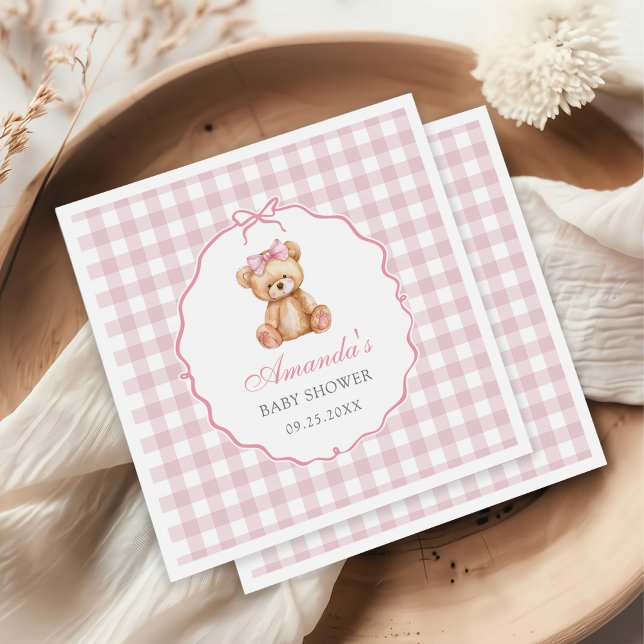 Pink Bow Gingham Teddy Bear Baby Shower Napkins (Creator Uploaded)