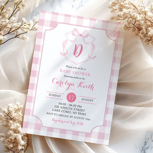 Pink Bow Gingham Watercolor Crest Baby Shower Invitation