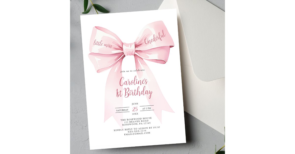 Pink Bow Girl 1st Birthday Invitation | Zazzle