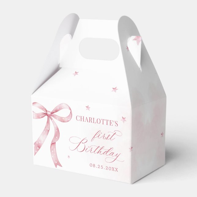 Pink Bow Girl 1st Birthday Party Favor Boxes (Front Side)