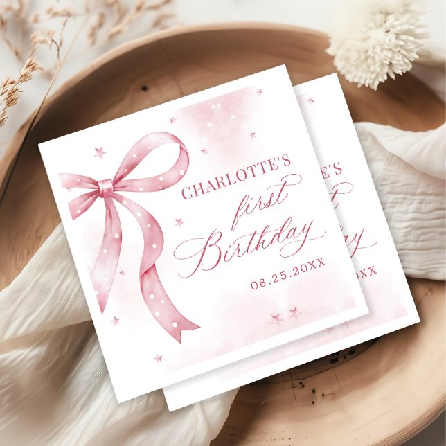 Pink Bow Girl 1st Birthday Party Napkins (Creator Uploaded)
