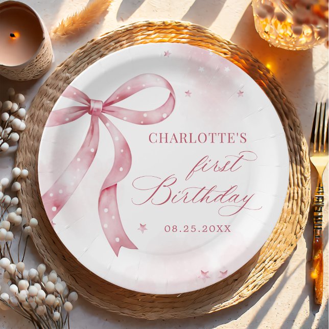 Pink Bow Girl 1st Birthday Party Paper Plates (Creator Uploaded)