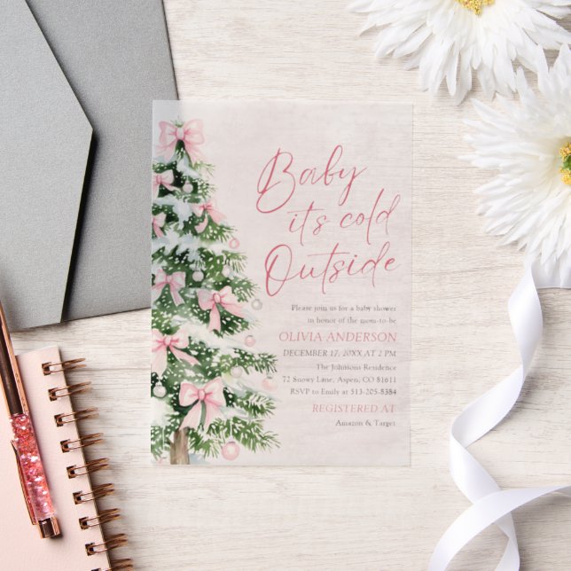 Pink Bow Girl Baby It's Cold Outside Baby Shower Vellum Invitations (Wedding)