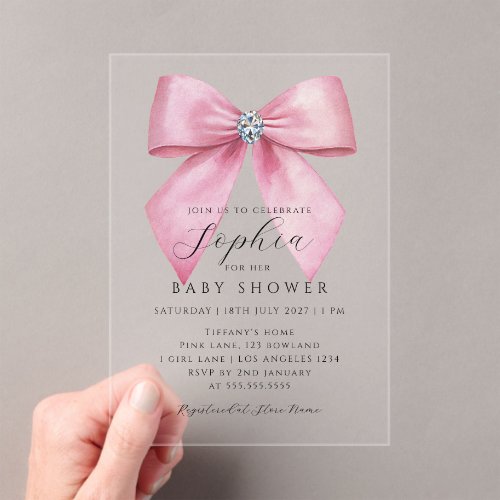 Pink Bow Girl Baby Shower Acrylic Invitations
