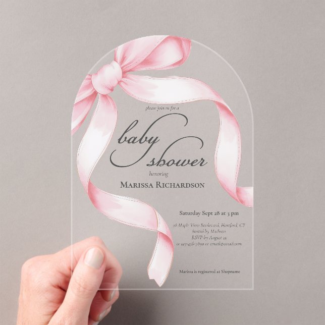 Pink Bow Girl Baby Shower Acrylic Invitations (Insitu (Handheld))