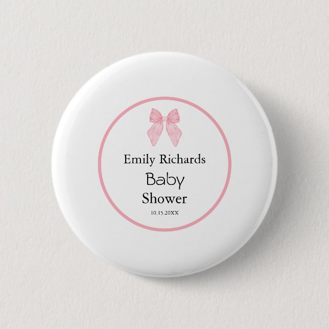 Pink Bow Girl Baby Shower  Button (Front)