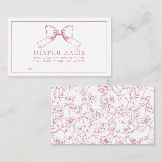 Pink Bow Girl Baby Shower Diaper Raffle Ticket Enclosure Card (Front/Back)
