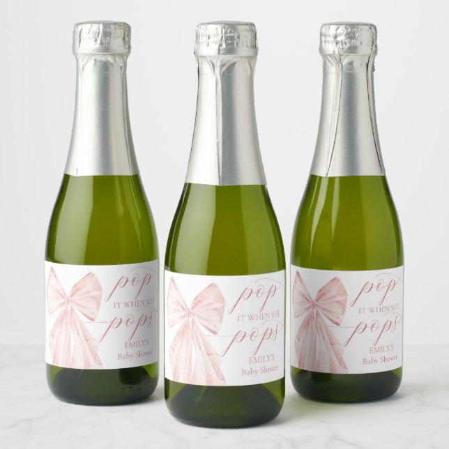 Pink Bow Girl Baby Shower Favors Sparkling Wine Label (Bottles)
