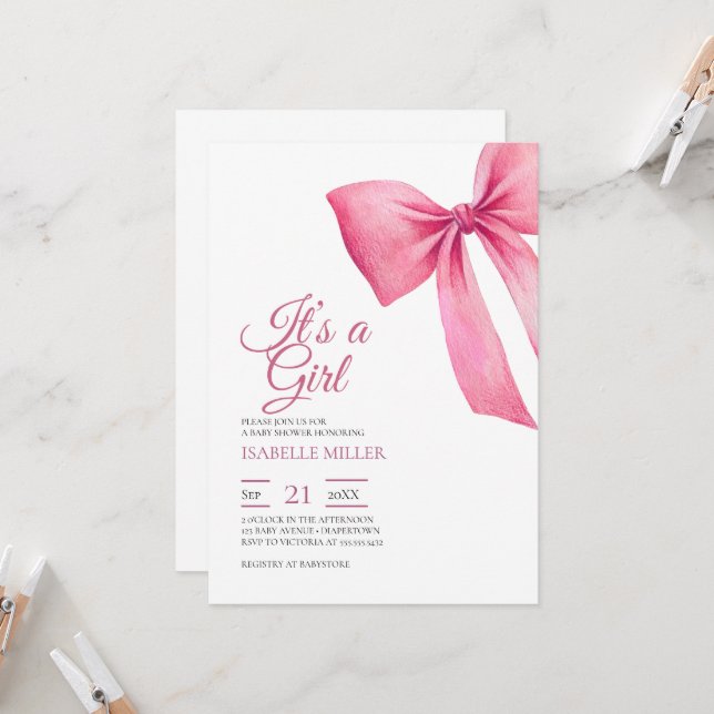 Pink Bow Girl Baby Shower Invitation (Front/Back In Situ)