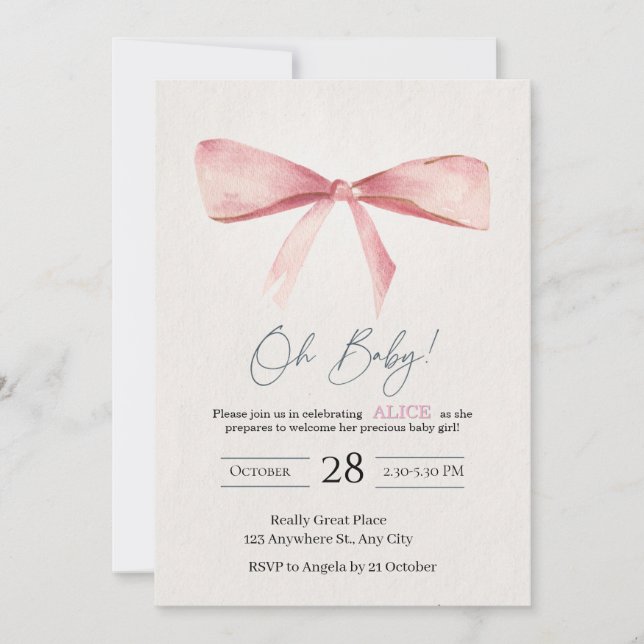 Pink Bow Girl Baby Shower Invitation (Front)