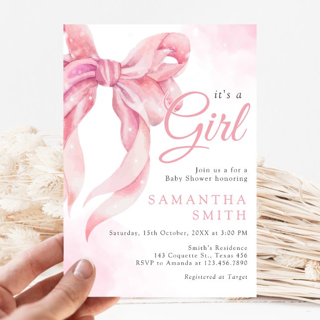 Pink Bow Girl Baby Shower Invitation (Pink Bow Coquette Girl Baby Shower Invitation)