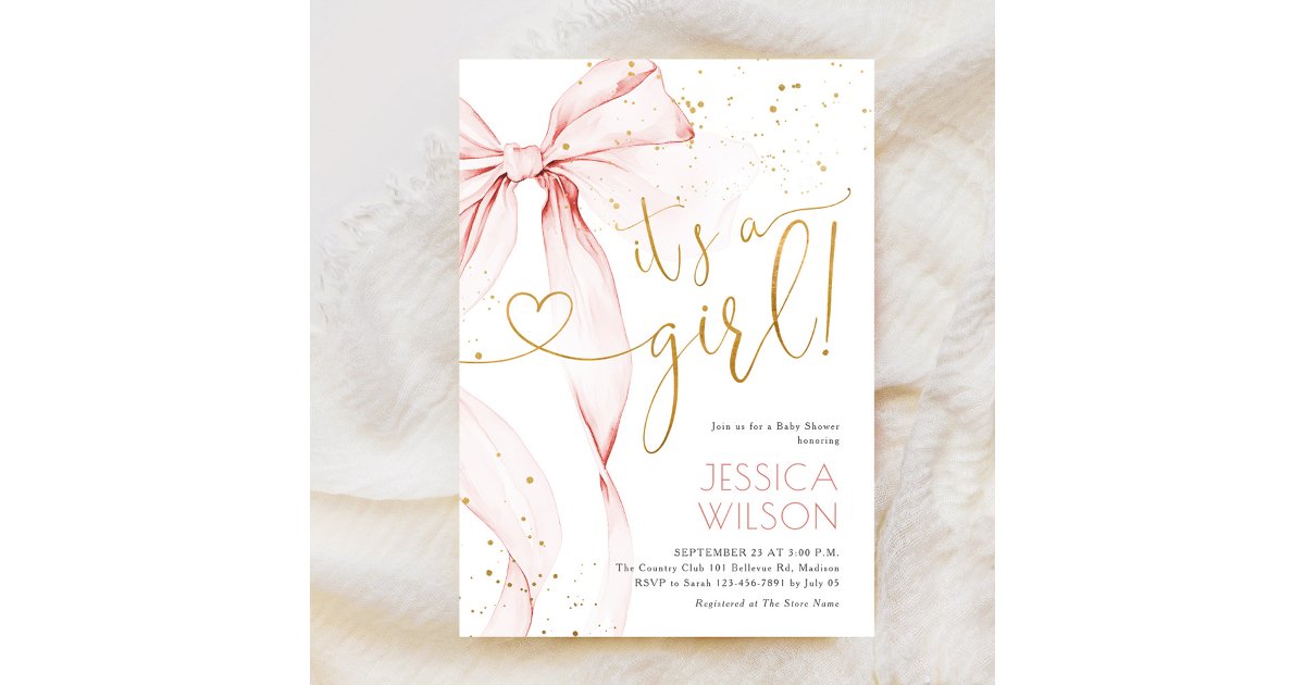 Pink Bow Girl Baby Shower Invitation | Zazzle
