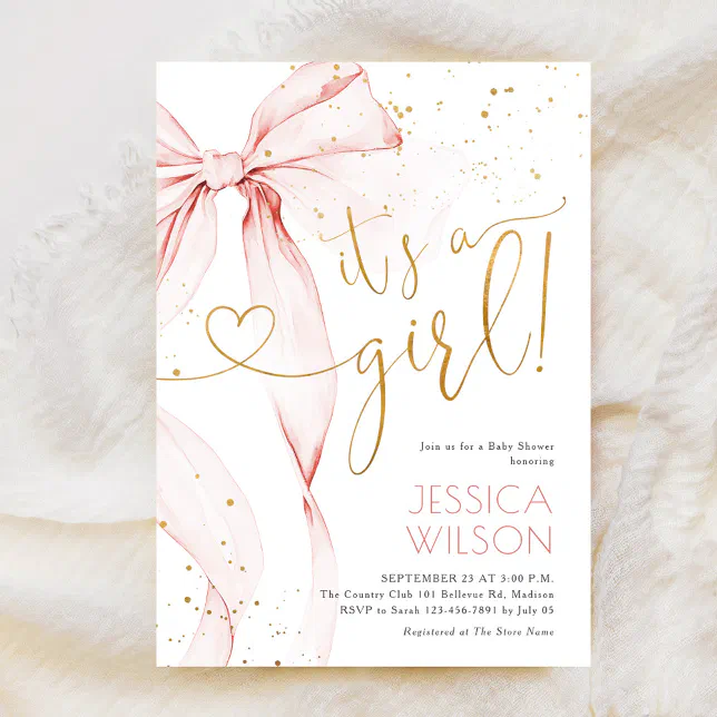Pink Bow Girl Baby Shower Invitation | Zazzle
