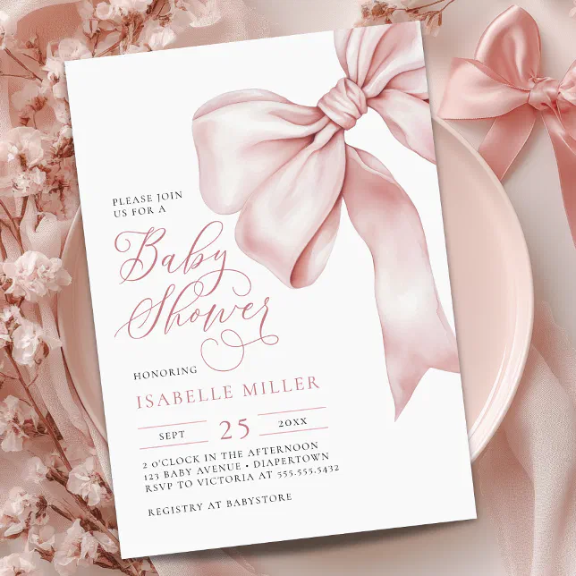 Pink Bow Girl Baby Shower Invitation | Zazzle