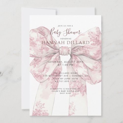 Pink Bow Girl Baby Shower Invitation