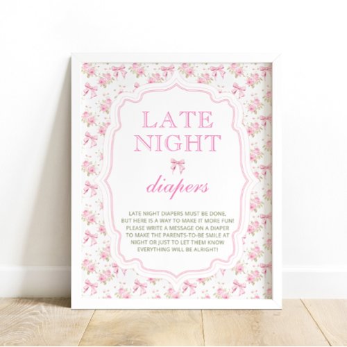 Pink Bow Girl Baby Shower Late Night Diapers Poster