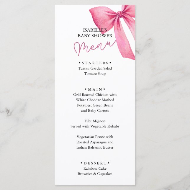 Pink Bow Girl Baby Shower Menu (Front)