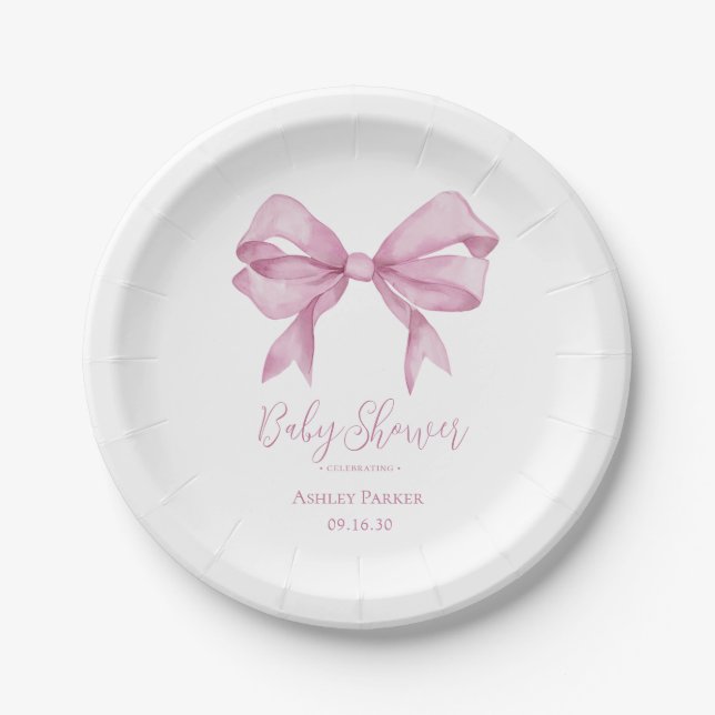 Pink Bow Girl Baby Shower Paper Plates (Front)