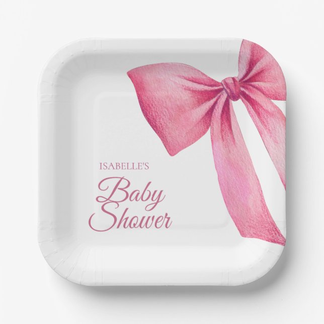 Pink Bow Girl Baby Shower Paper Plates (Front)